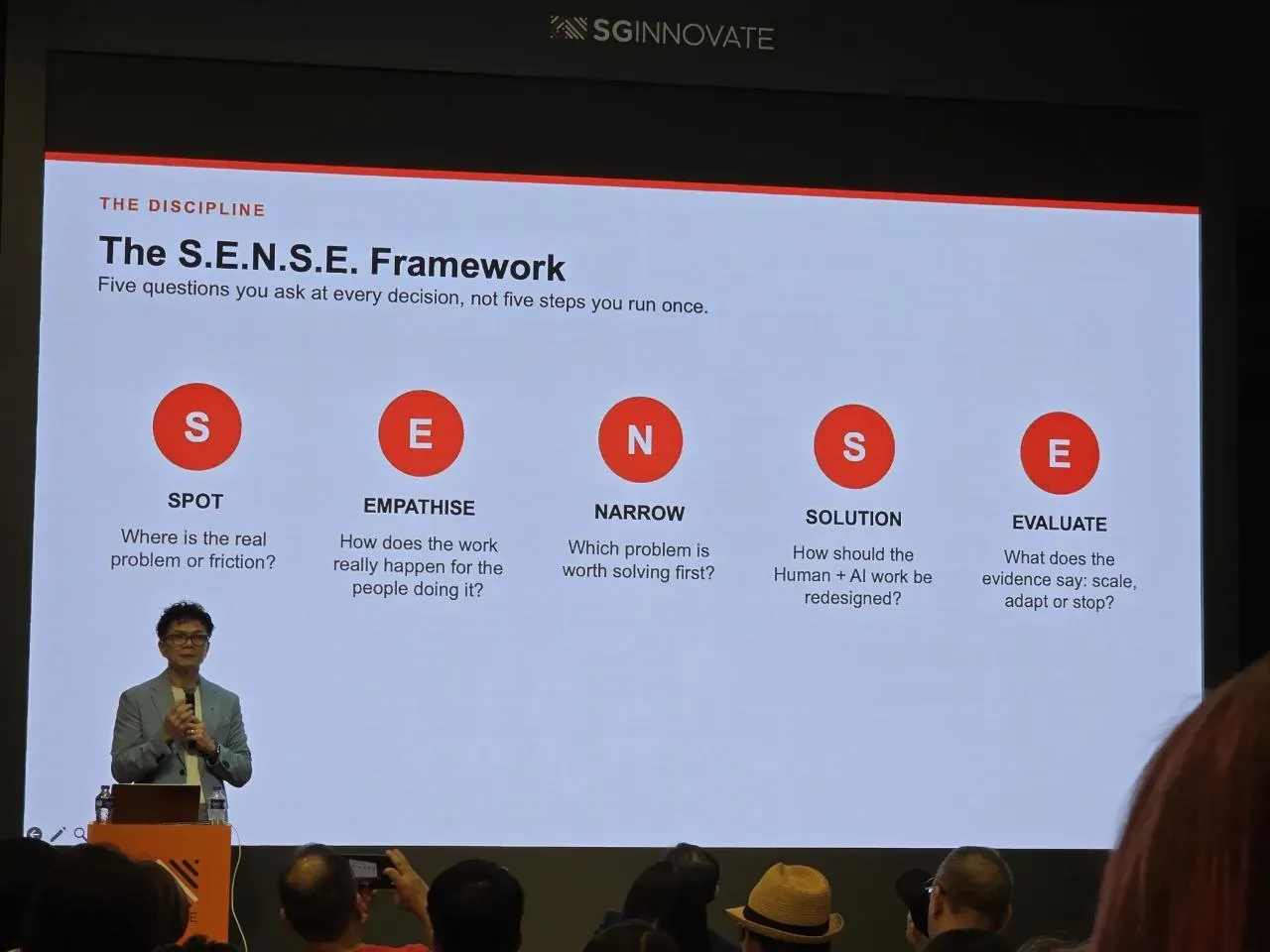 Michael Low presenting in front of a slide titled The S.E.N.S.E. Framework, listing Spot, Empathise, Narrow, Solution and Evaluate.