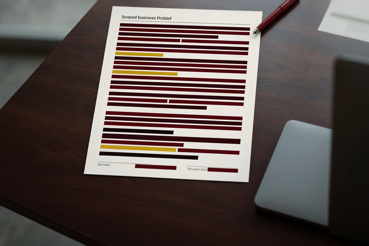 A boardroom brief with every line redacted, next to a closed laptop and a pen, representing a problem scoped but not staffed.