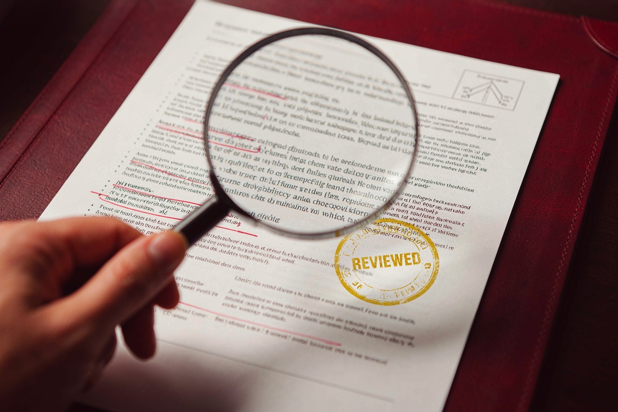 A hand holding a magnifying glass over a printed exhibit sheet marked with red-pen review notes and a REVIEWED stamp.